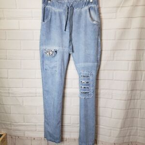 Gigi Moda Italian Toppa Blue Sequin Comfortable Skinny Ankle Pants Magic OSFM